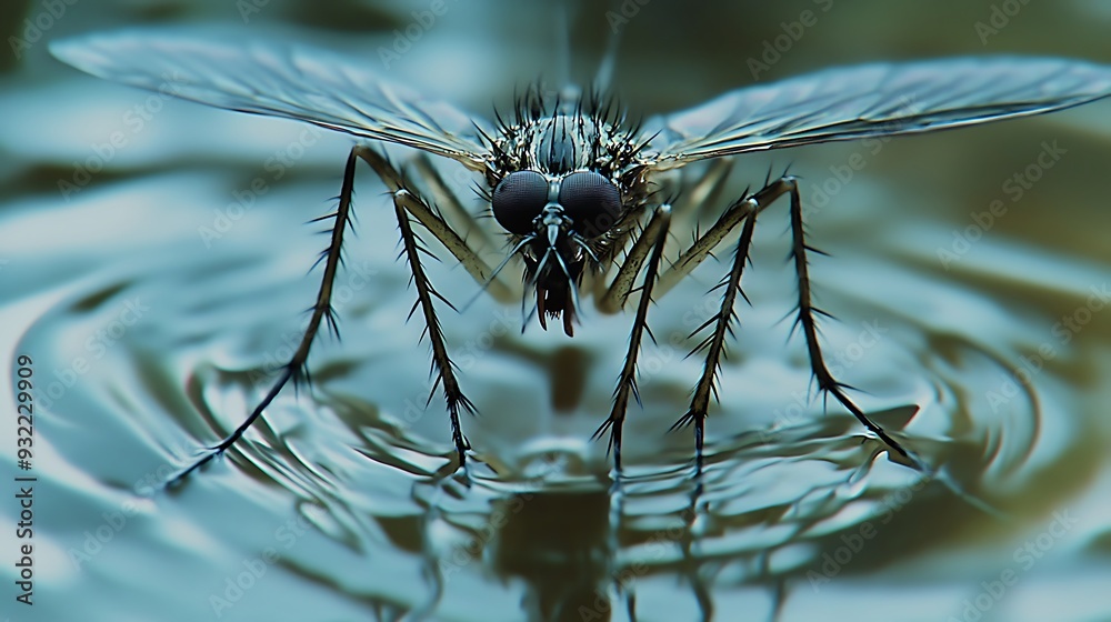 Wall mural A macro shot of a mosquito with its legs and body submerged in water.