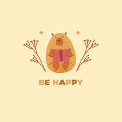 Postcard with hand draw capybara with book and inscription be happy. Vector illustration in flat style. Cartoon cute animal for print.Kids illustration on beige background.