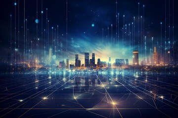 A futuristic city skyline with digital elements and a vibrant atmosphere.