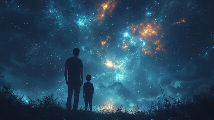 Obraz premium Silhouette of father and son wandering into the sky at night