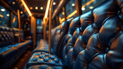 Fototapeta premium Luxurious leather seats inside a modern bus with warm lighting.