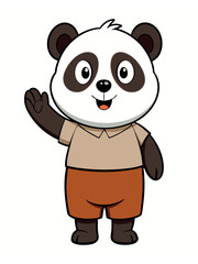 a cute panda wearing brown shorts waving like saying hi