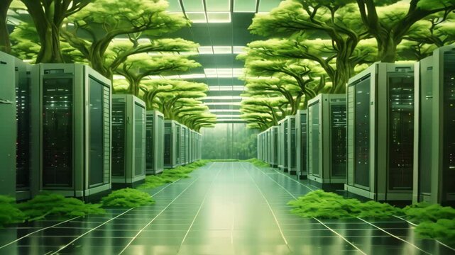A 3D render of a futuristic corridor with trees and glass panels, Bright server room with trees and grass growing out of servers