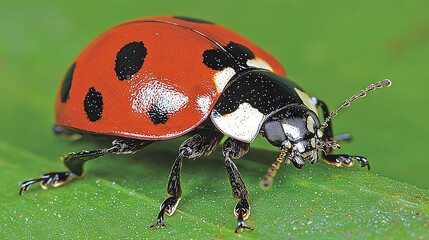   Close-up of a red and black bug on a green leaf with water droplets on its hind legs