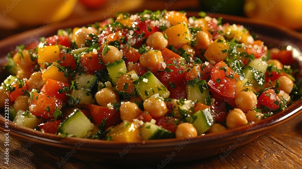 Sticker   A close-up image of a salad bowl filled with colorful veggies like tomatoes, cucumbers, and chickpeas