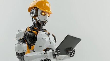 A humanoid robot in a construction helmet holding a tablet.