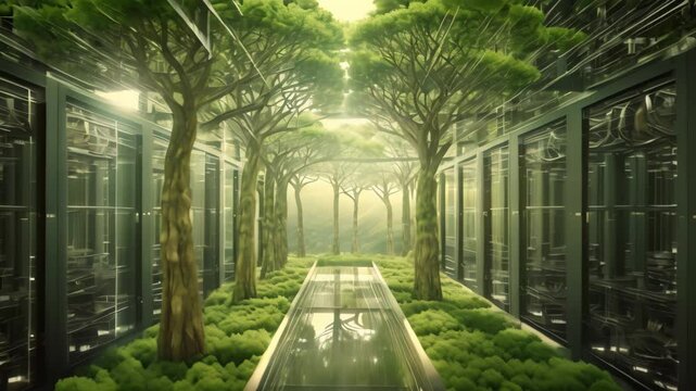 Digital composite of Network servers in a data center with green trees in the background, Bright server room with trees and grass growing out of servers - Powered by Adobe