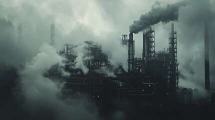 Fototapeta premium A dark industrial scene with smoke billowing from factory chimneys.