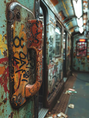 Obraz premium A vintage subway car with graffiti and signs of decay.