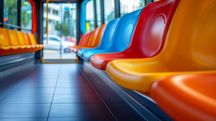 Fototapeta premium Colorful empty seats on a city bus, showcasing public transport.