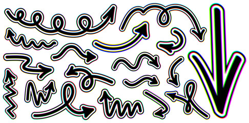 Set of glitch-style looped and wavy arrows with vibrant distortion. Vector illustration perfect for creative and tech designs.