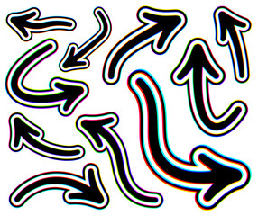 A collection of various black hand-drawn arrows with a colorful glitch effect. The arrows vary in size and direction, adding a dynamic, artistic touch to digital projects and designs.