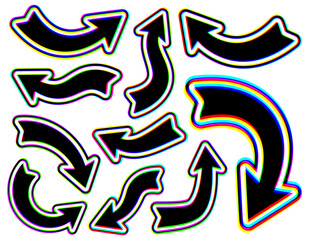 A collection of curved and angled black arrows with a bold, colorful glitch effect. The vibrant design adds a unique touch