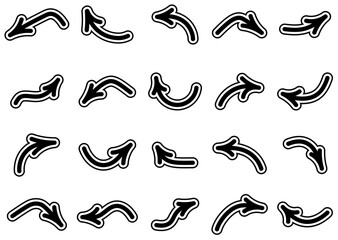 Vector illustration of multiple curved black arrows with bold white outlines in various directions and styles.