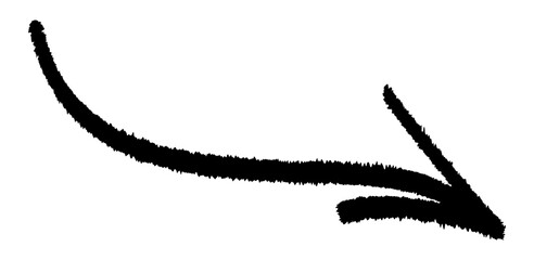 Black brush-styled arrow pointing down right with a curved line. Vector illustration.