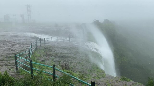 reverse waterfall observed during extremely heavy rains at patan plateau near koynanagar in Konkan, Maharashtra, India