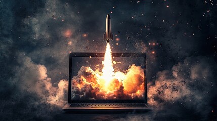 Laptop and spacecraft flying from the screen startup idea