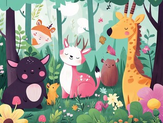 A whimsical illustration of adorable forest animals in a colorful setting.