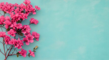 Bougainvillea branches with vibrant pink flowers against a turquoise background