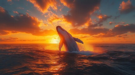 majestic blue whale breaching ocean surface water cascading off its massive form silhouetted against dramatic sunset sky