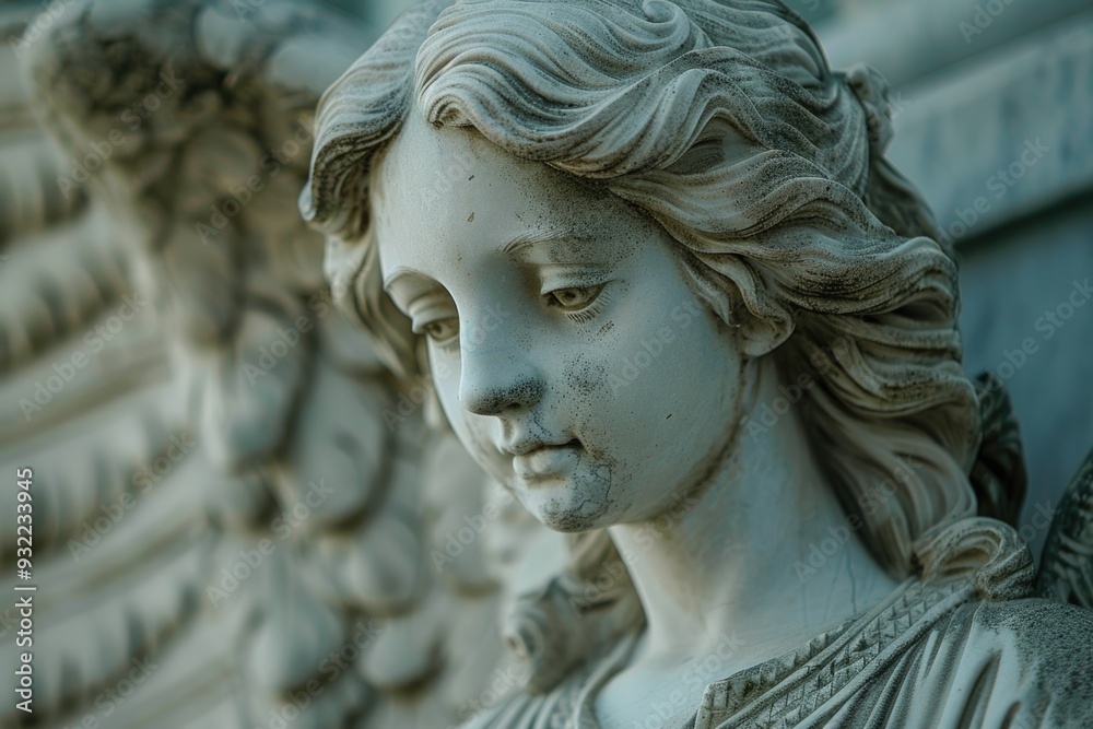 Poster a detailed view of an angel's face from a statue, suitable for use in spiritual or devotional contex