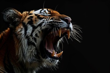 Obraz premium A fierce tiger roaring in a dark ambiance captures raw power and strength. This image showcases wildlife beauty with stunning detail and contrast. Generative AI
