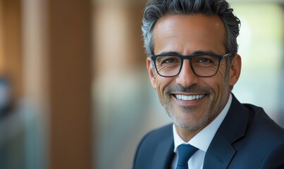 Fototapeta premium Confident Charismatic Businessman in Stylish Suit, Exuding Leadership and Charm in Modern Office Setting