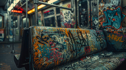 Subway bench covered in graffiti in a city subway car.