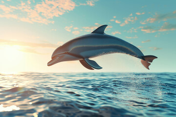 A dolphin jumps playfully above the water as the sun sets on the horizon, painting the sky with warm colors