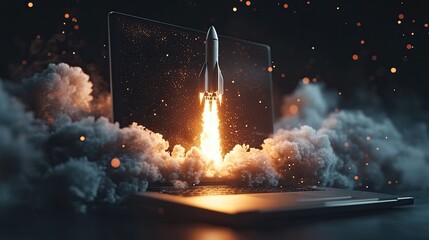 Computer and spacecraft flying from the screen startup idea