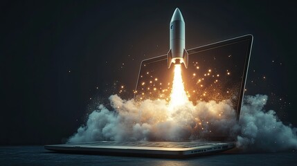 Laptop and rocket flying from the display startup concept