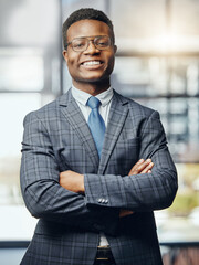 Black man, lawyer and confident in office for portrait, career success and pride for growth. Attorney, arms crossed and happy in law firm for business, professional and ambition in legal industry