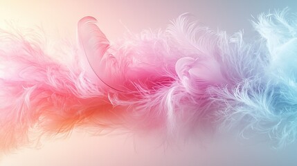 Fototapeta premium A pink and blue feather in sharp focus against a pink and blue backdrop with a soft, blurry effect on the feathers