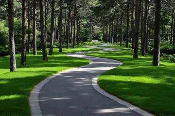Obraz premium A scenic winding pathway surrounded by lush greenery and tall trees, perfect for peaceful walks and nature exploration.
