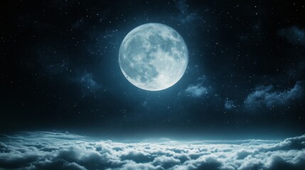 Full moon glowing over clouds with a starry night sky