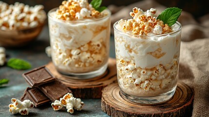   A close-up of a dessert in a glass on a wooden stand, with cookies and marshmallows nearby