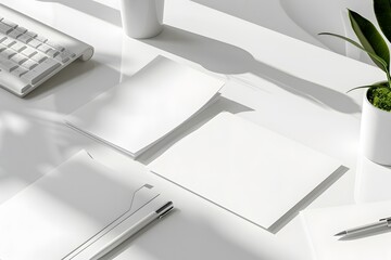 a mock-up for a business card, letterhead, and envelope, arranged in a simple composition on a white surface, perfect for presenting corporate identity designs