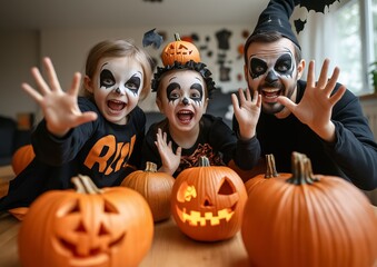 Father and his daughters are having fun while wearing halloween costumes and makeup at home