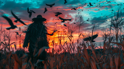 An eerie scarecrow in a cornfield during twilight, with crows flying around, and a sense of suspense in the air as the wind blows, moving the dry leaves.