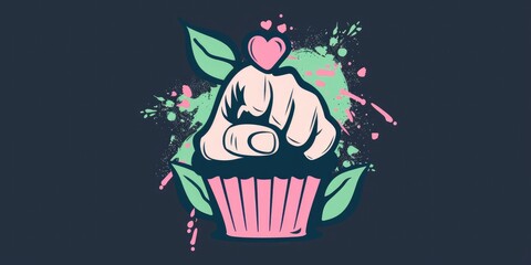 Naklejka premium Logo for a vegan cupcake initiative showcasing a fist holding a cupcake, symbolizing empowerment, along with a leaf and a green heart.