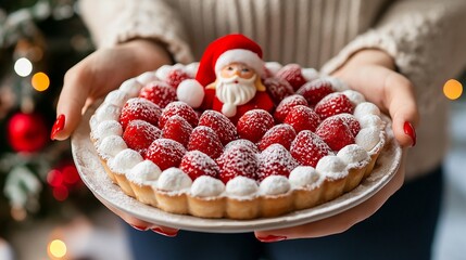 Close up of woman's hand with red manicure holding a strawberry Christmas pie cake decorated with fresh red strawberries and little santa toy on shiny modern Xmas decorated home background, copy space