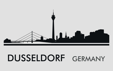 Obraz premium The city skyline. Dusseldorf. Germany. Silhouettes of buildings. Vector on a gray background 