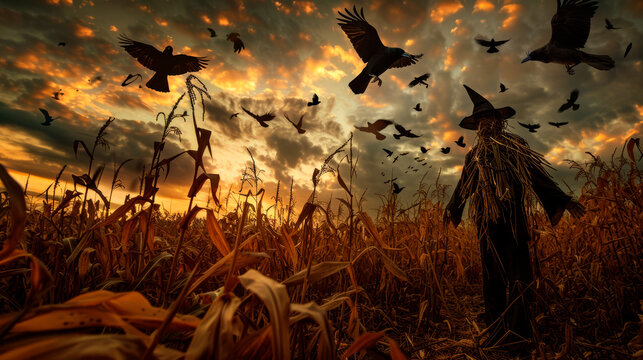 An eerie scarecrow in a cornfield during twilight, with crows flying around, and a sense of suspense in the air as the wind blows, moving the dry leaves.