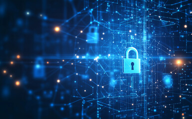Cybersecurity Concept with Digital Padlock in a wired Network