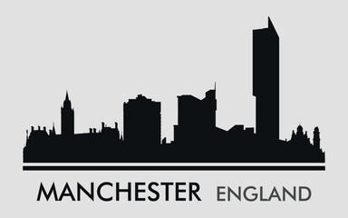 Naklejka premium The city skyline. Manchester. England. Silhouettes of buildings. Vector on a gray background