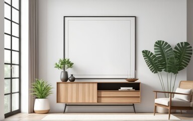 Mockup poster frame in modern interior with white wall and wooden console, home interior with plant, 3d rendering