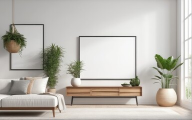 Mockup poster frame in modern interior with white wall and wooden console, home interior with plant, 3d rendering