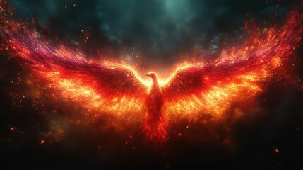 Naklejka premium majestic phoenix rising from ashes fiery red plumage ablaze dramatic wireframe wings unfurling against dark background digital art style blending photorealism and wireframe elements