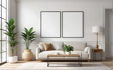 Mockup poster frame in modern interior with white wall and wooden console, home interior with plant, 3d rendering