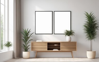 Mockup poster frame in modern interior with white wall and wooden console, home interior with plant, 3d rendering